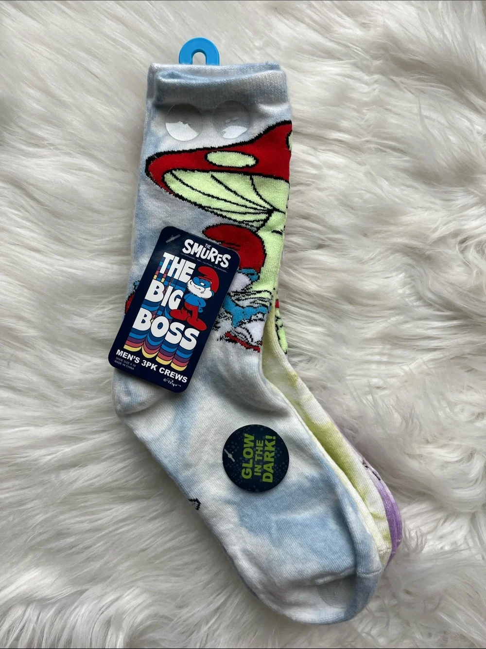 🆕 Smurfs Crew Socks - 3 Pairs glow in the dark Shoe Size 4-10